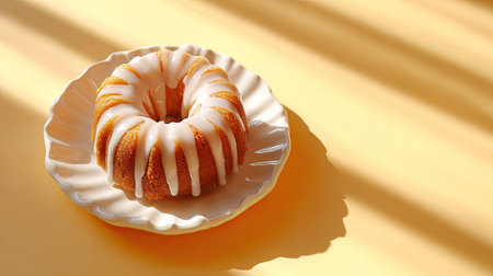 This image features a beautifully styled bundt cake adorned with a creamy glaze on a white plate. The soft shadows and bright yellow backdrop create a warm and inviting ambiance.の素材