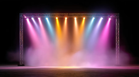 A vibrant stage setup featuring colorful spotlights and atmospheric fog, ideal for performances, events, concerts, and theatrical showcases, creating an engaging ambiance.の素材
