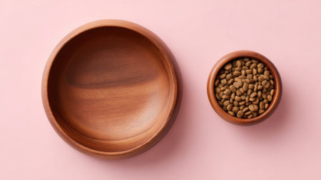 A charming wooden bowl set against a soft pink background, showcasing a beautiful interplay of textures ideal for culinary presentations or modern decor.の素材