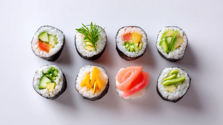 An exquisite arrangement of sushi rolls featuring fresh ingredients, showcasing a vibrant array of colors and textures for an enticing culinary experience.の素材