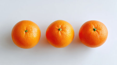 Three fresh oranges are positioned in a row on a clean white background, highlighting their bright color and smooth texture, perfect for showcasing healthy eating.の素材