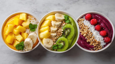 Bright and appealing smoothie bowls featuring an array of fresh fruits, granola, and coconut flakes, perfect for healthy breakfasts or snacks on a marble countertop.の素材