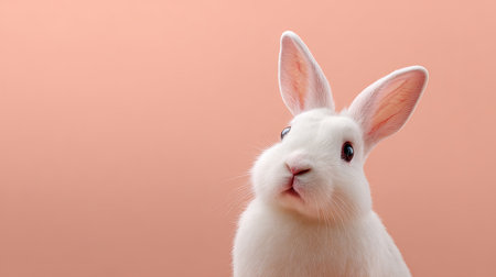 This charming portrait features a white rabbit with large expressive eyes set against a pastel coral background, ideal for animal-themed projects and art.の素材