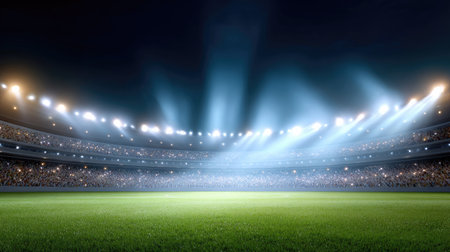 A captivating nighttime stadium scene featuring a vibrant green field illuminated by bright lights, creating an exciting atmosphere perfect for a sports event.の素材