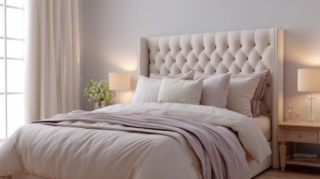 A beautifully decorated bedroom featuring a luxurious bed with elegant linens and soft pillows, complemented by warm lighting and stylish decor for a tranquil ambiance.の素材