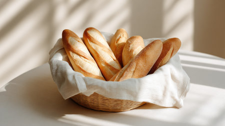 A beautiful display of freshly baked French baguettes sitting in a rustic basket, covered with soft linen, illuminated by warm sunlight and playful shadows.の素材