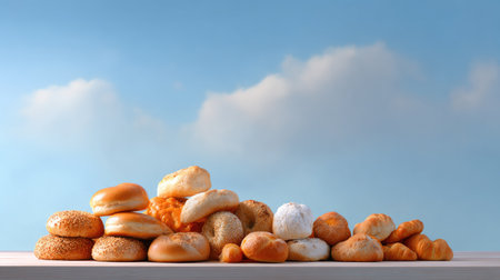 This image showcases a tempting assortment of freshly baked pastries and breads on a wooden surface, complemented by a bright blue sky and clouds, enhancing the food's appeal.の素材