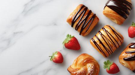 A tempting arrangement of chocolate-drizzled pastries accompanied by fresh strawberries on a sleek marble surface, perfect for any dessert lover's delight.の素材