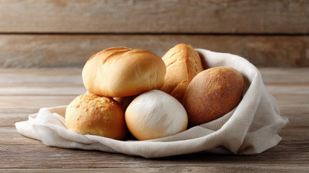 A delightful arrangement of artisan bread rolls presented in a cozy linen cloth. The rustic wooden background highlights the warmth and texture of the freshly baked goods.の素材