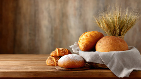A beautiful assortment of freshly baked bread including rolls and loaves displayed on a rustic wooden table. The warm colors and wheat add a cozy atmosphere.の素材