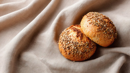 Two freshly baked bread rolls with a golden, crispy crust rest on a soft linen cloth, creating an inviting scene perfect for culinary displays and food photography.の素材
