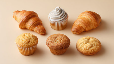 A delightful arrangement of assorted bakery treats including croissants, cupcakes, and muffins. Ideal for food photography, culinary blogs, or dessert menus.の素材