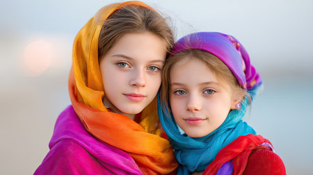 Two young girls pose together wearing vibrant scarves, radiating joy and innocence in a soft beach backdrop, showcasing the beauty of childhood friendship.の素材