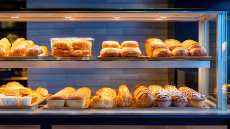 A modern bakery showcase features a variety of freshly baked pastries, including croissants and sweet treats, perfect for food lovers and culinary inspiration.の素材
