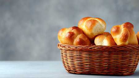 A delightful display of freshly baked golden rolls resting in a woven basket, perfect for culinary creations and showcasing delicious baked goods in a rustic setting.の素材