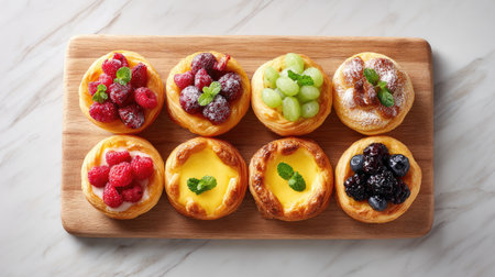 A delightful arrangement of assorted fruit tarts, topped with vibrant berries and mint leaves, perfect for dessert displays, bakery showcases, or special events.の素材