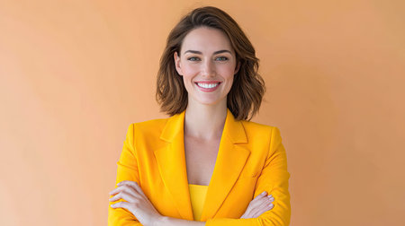 A confident young woman dressed in a vibrant yellow suit stands against a warm orange background, projecting an aura of professionalism and positive energy.の素材