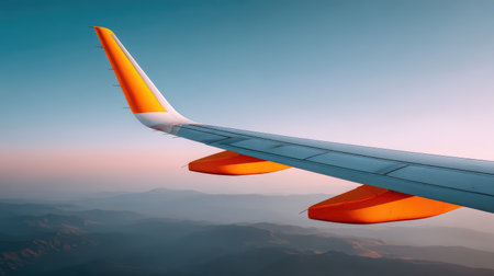 Captivating view from an airplane wing, showcasing stunning mountains bathed in sunset light, evoking feelings of adventure and the joy of travel in the sky.の素材