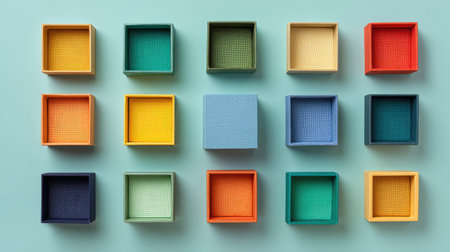 An arrangement of colorful square boxes set against a pastel background, perfect for design projects, showcasing simplicity with warmth and playfulness in modern decor.の素材