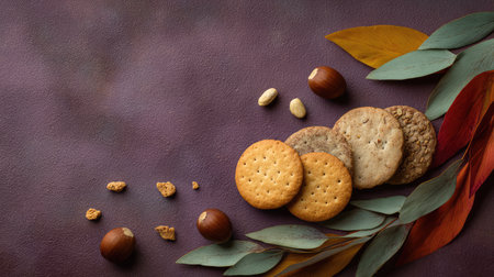 A visually appealing arrangement of assorted cookies and nuts surrounded by vibrant autumn leaves, creating a warm and inviting atmosphere ideal for culinary projects and recipes.の素材