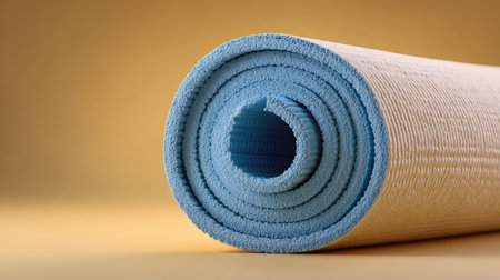 This image features a close-up view of a rolled yoga mat in soft blue and beige colors, ideal for promoting health, wellness, and meditation practices in a serene environment.の素材