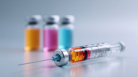 This image features a close-up of a syringe filled with vibrant liquid set against blurred vials, encapsulating key themes in health and medical advancements.の素材