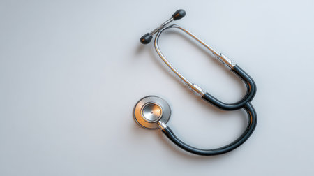 A stethoscope rests on a light gray surface, representing the essential tools of medical professionals and the importance of health care in our lives. Perfect for medical imagery.の素材
