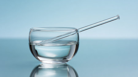 A serene glass container filled with water, showcasing a stirring rod against a soft blue backdrop, ideal for minimalist and laboratory-themed projects.の素材