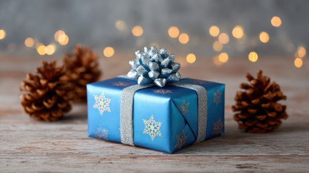 A beautifully wrapped blue gift box adorned with snowflakes, surrounded by pine cones and a dreamy bokeh backdrop, creating a charming holiday scene perfect for celebration.の素材