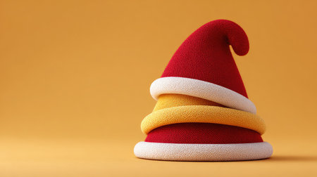 A vibrant stack of three colorful hats in red, yellow, and orange, set against a bright yellow backdrop, perfect for cheerful holiday or festive celebration imagery.の素材