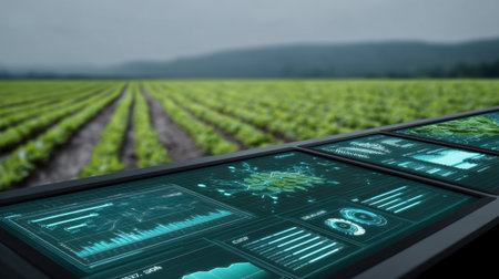 Explore the intersection of technology and agriculture with this image showcasing advanced data analytics over lush green fields, emphasizing innovation in farming practices.の素材