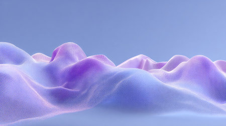 This abstract image features smooth, flowing waves of mesh in soft purple and blue hues, creating a tranquil landscape under a gentle sky. Ideal for creative projects.の素材