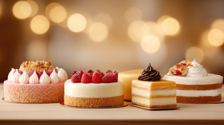 A beautiful assortment of cakes featuring layers of creamy frosting and garnishes of fresh berries, perfect for any celebration or dessert table setting.の素材