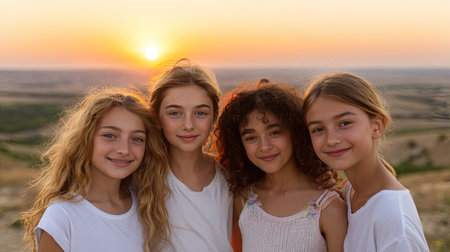 A captivating moment showcasing four young girls smiling together during a stunning sunset, radiating joy and friendship in a serene rural landscape.の素材