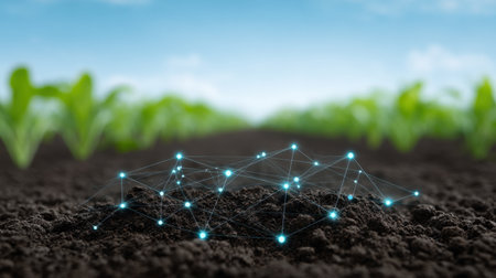Digital connections emerge from soil, symbolizing technology in agriculture. Modern farms employ data-driven solutions for healthy crops and sustainable development.の素材