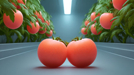 Two ripe tomatoes stand prominently at the center of a modern greenhouse, surrounded by lush greenery and bright light, representing freshness and organic farming practices.の素材