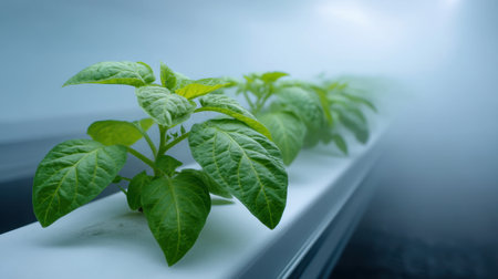 Lush green plant leaves thrive in a softly misty indoor garden, highlighting the beauty of nature in a serene atmosphere perfect for gardening enthusiasts.の素材