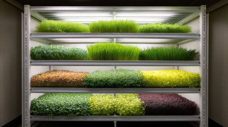 A modern vertical garden showcases an array of vibrant microgreens and fresh herbs in a minimalist indoor setting, highlighting sustainable and healthy living.の素材