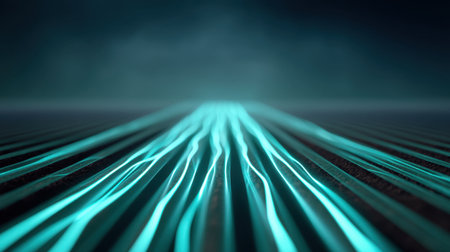 A stunning abstract image featuring glowing blue lines flowing through a dark landscape, evoking a sense of motion and energy in a captivating digital art style.の素材