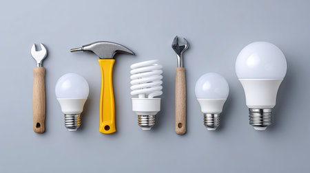 A visually appealing array of light bulbs and essential tools displayed on a gray background. Perfect for home improvement projects, DIY concepts, or lighting design inspirations.の素材