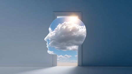 This surreal image features a human head shape formed by a doorway, revealing a bright sky filled with clouds, representing creativity, imagination, and endless possibilities.の素材
