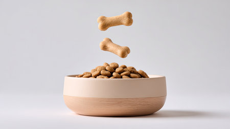 A whimsical scene featuring floating dog bones above a stylish pet food bowl filled with kibble, perfect for showcasing pet nutrition and joyful moments with pets.の素材