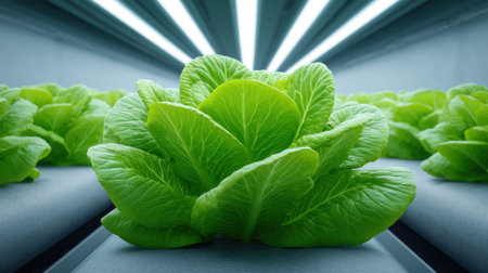 A beautiful display of green lettuce thriving in a hydroponic setup illuminated by LED lights, showcasing innovative urban farming techniques for healthy eating.の素材