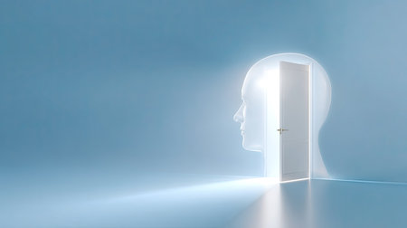 This artistic representation features a door emerging from a human head silhouette, illuminated by light. It embodies themes of exploration, creativity, and new beginnings.の素材