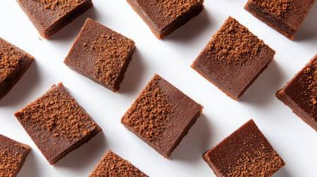 Tempting square chocolate fudge pieces with a dusting of cocoa powder on a white backdrop create an inviting dessert scene perfect for any sweet occasion.の素材
