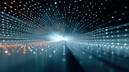 Explore a captivating digital tunnel filled with glowing particles in blue and orange hues, evoking a sense of depth and movement in a futuristic setting.の素材