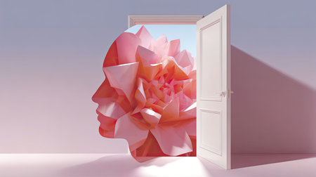 A whimsical scene featuring a door that opens to a stunning floral landscape, symbolizing creativity and inspiration within the mind. Perfect for art enthusiasts.の素材