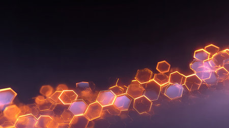 Explore a captivating abstract background showcasing glowing hexagonal shapes in deep orange and rich purple, ideal for creative design and digital projects.の素材