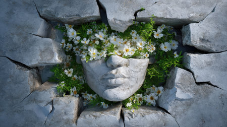 A stunning representation of nature and art, this image features a stone face nestled in cracked concrete, beautifully enhanced with delicate flowers and vibrant greenery.の素材