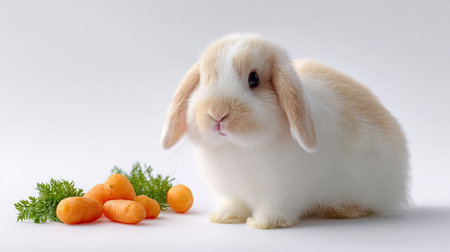 A charming fluffy rabbit sits gracefully beside vibrant carrots and greens on a soft background, showcasing a playful and tranquil scene, ideal for animal lovers.の素材